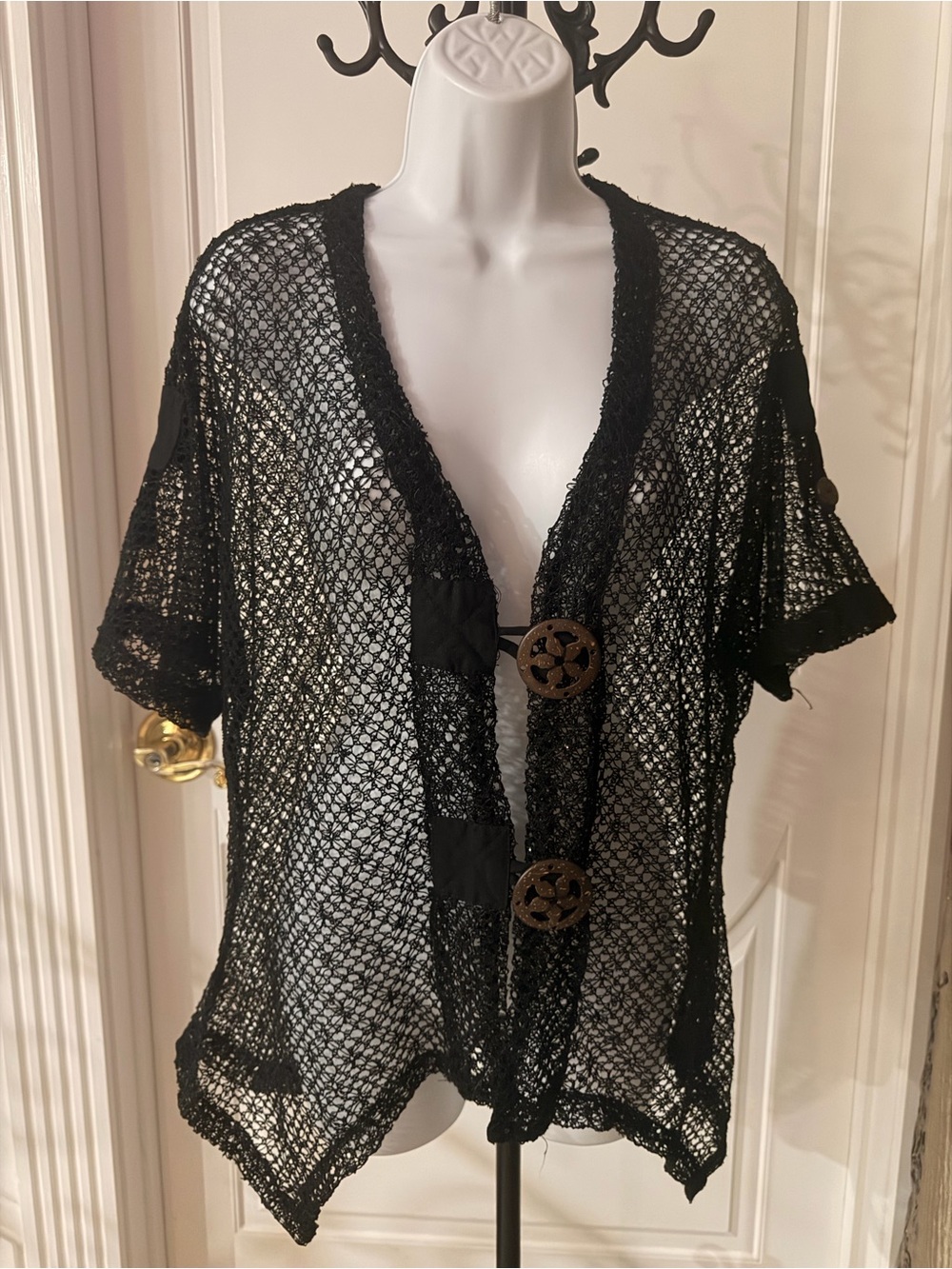Black Mesh/Sequins Cardigan with Decorative Buttons Sz L